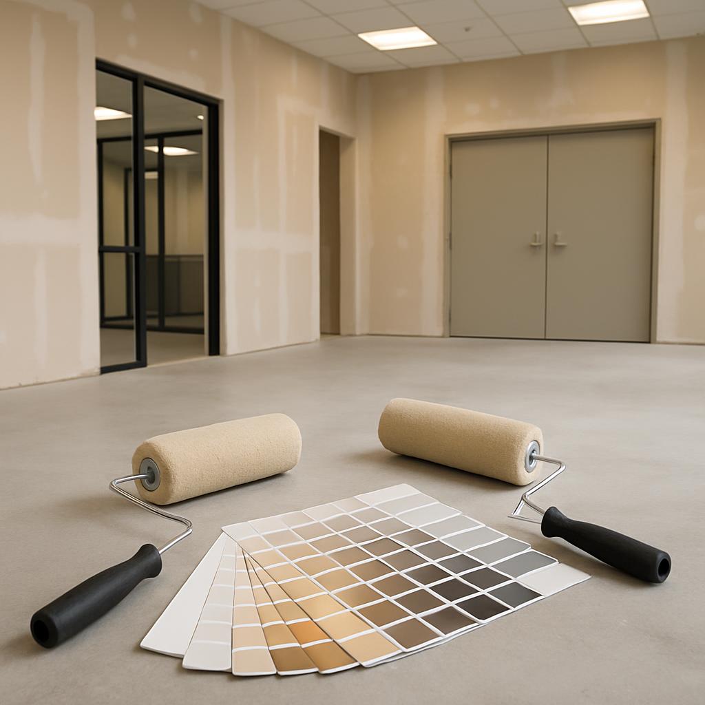 Paint rollers and paint swatches in an empty room.