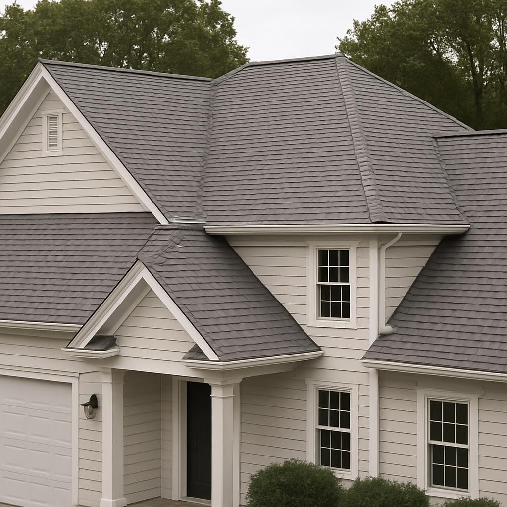 A house with a gray roof and white siding, featuring a dark-colored door and two windows.