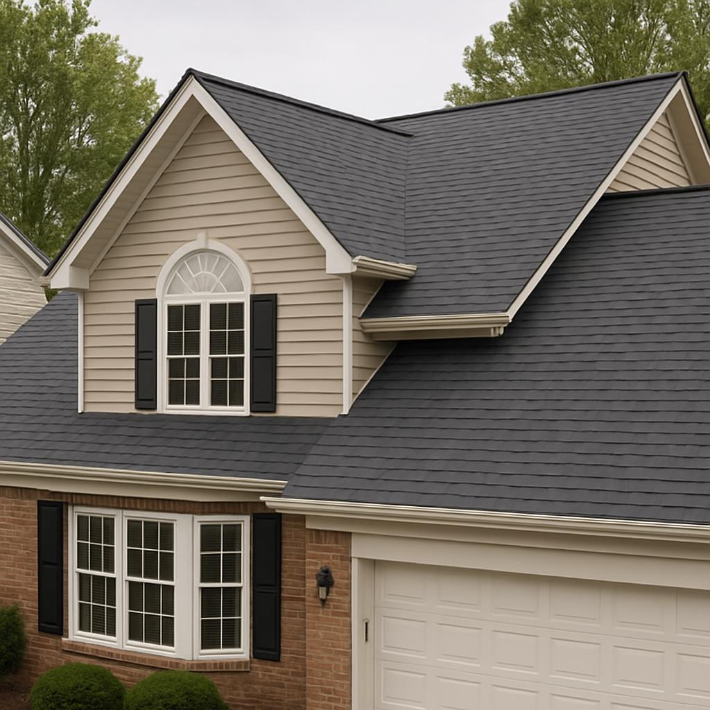 A house with grey roof and a white two-car garage door. The exterior features Light and Brick Coloured Siding and brown br...